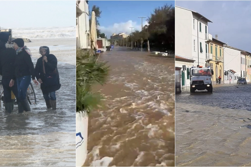 Da sinistra Viareggio, Livorno e Marina di Pisa allagate: il mare è entrato nelle città