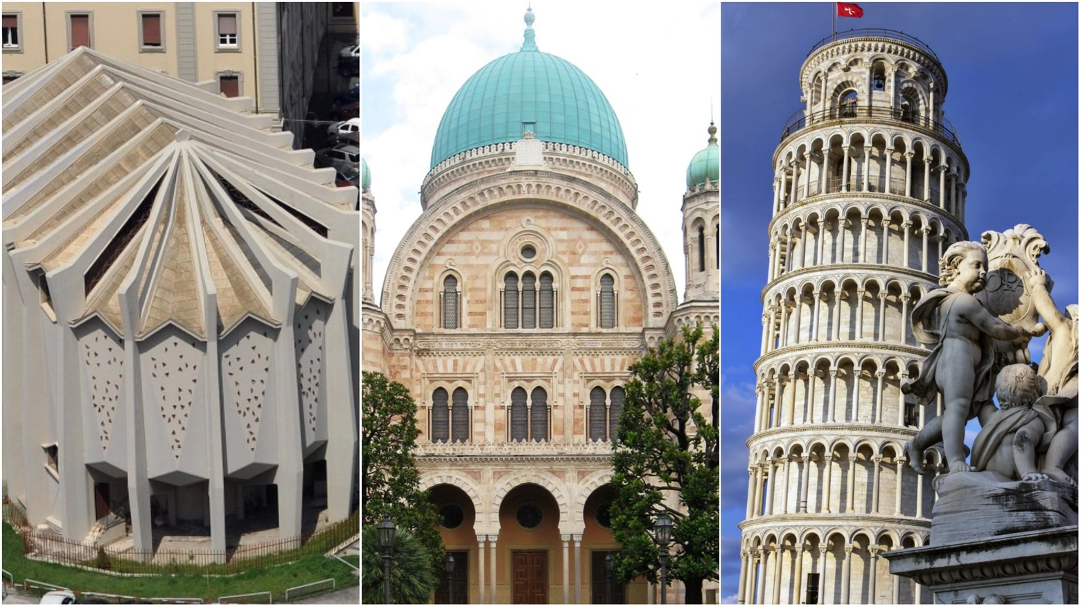 Da sinistra, la sinagoga di Livorno, quella di Firenze e la Torre di Pisa
