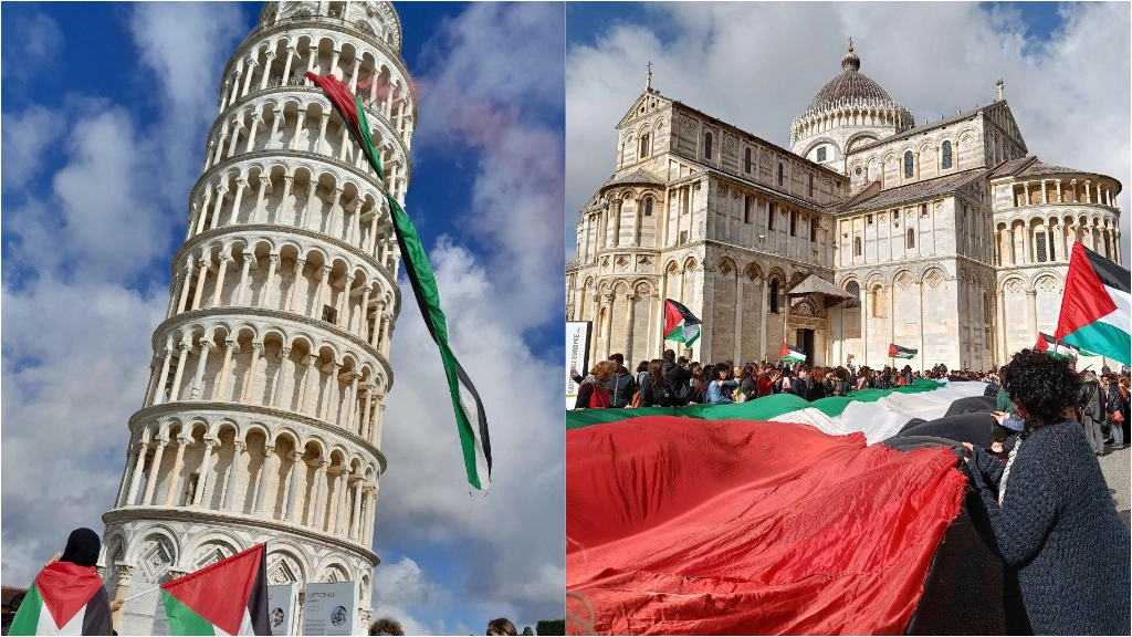 Le immagini della bandiera e della manifestazione (Foto dalla pagina Facebook Exploit Pisa)