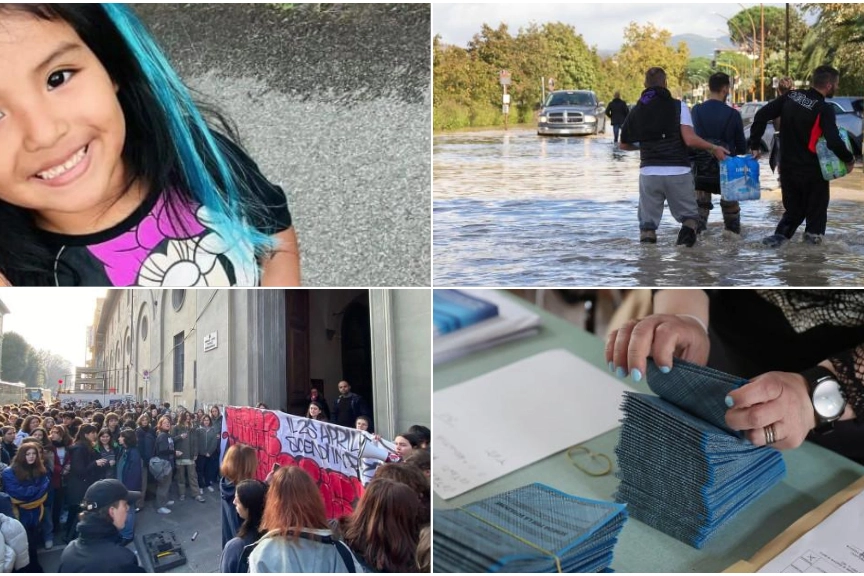 Dall'alto: Kata, la bambina scomparsa; l'alluvione di Campi Bisenzio; le manifestazioni dopo l'aggressione al liceo Michelangiolo di Firenze; le elezioni amministrative