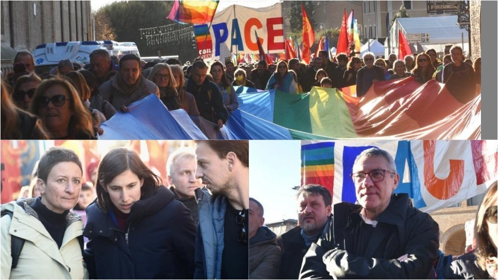 Tre momenti della Marcia della Pace del 10 dicembre: tra i partecipanti, la segretaria del Schlein e il segretario della Cgil Landini