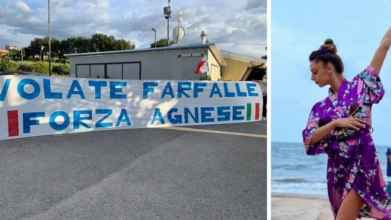 Uno striscione per Agnese Duranti a Spoleto. A destra l'atleta umbra