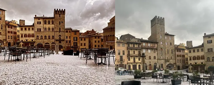 Bianco Natale ma di grandine: piazza Grande ricoperta, ora arriva il freddo