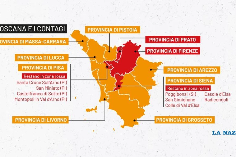 Toscana arancione. In rosso Firenze, Prato e alcuni comuni delle province di Pisa e Siena