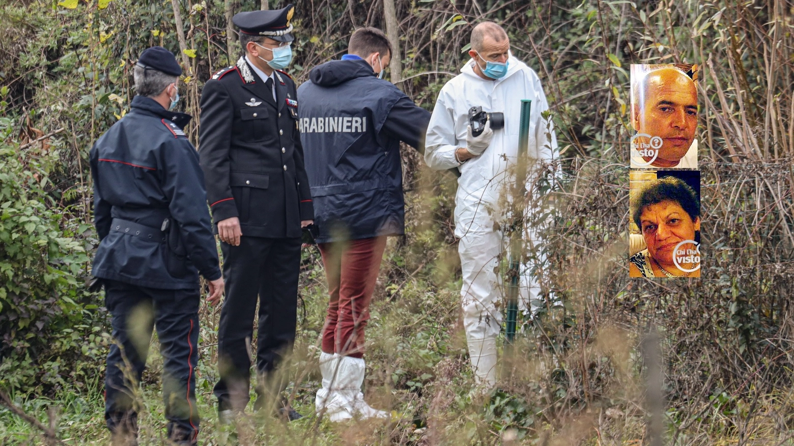 Gli investigatori nel campo dove sono stati trovati i resti. Nel riquadro le vittime