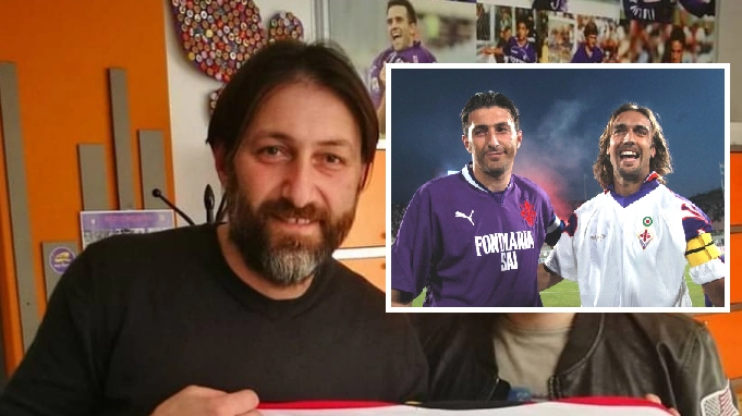 Christian Riganò, 49 anni. Nel riquadro una foto di quando giocava con Batistuta