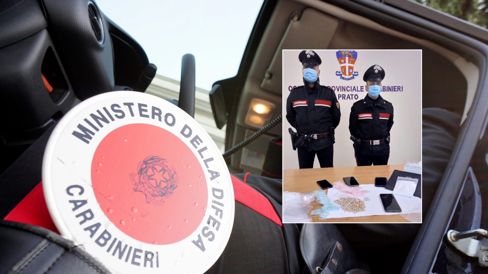 Nel riquadro i carabinieri con la droga sequestrata