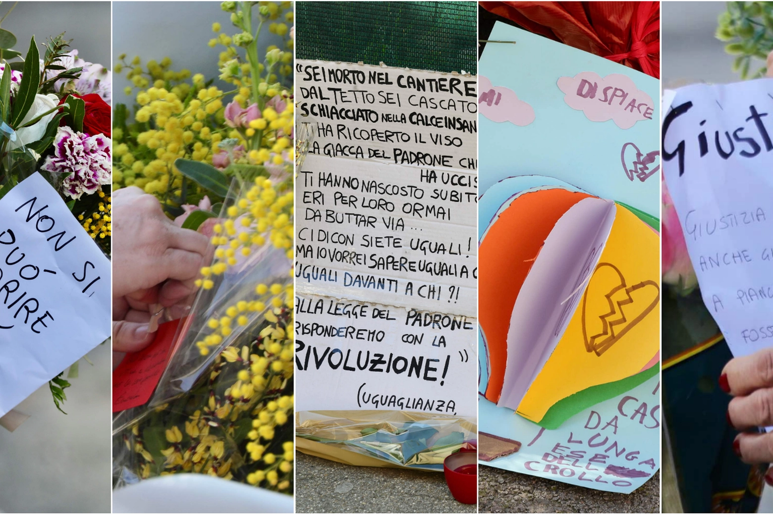 Biglietti, fiori e cartelli davanti al cantiere Esselunga di via Mariti (Foto Marco Mori / New Press Photo)