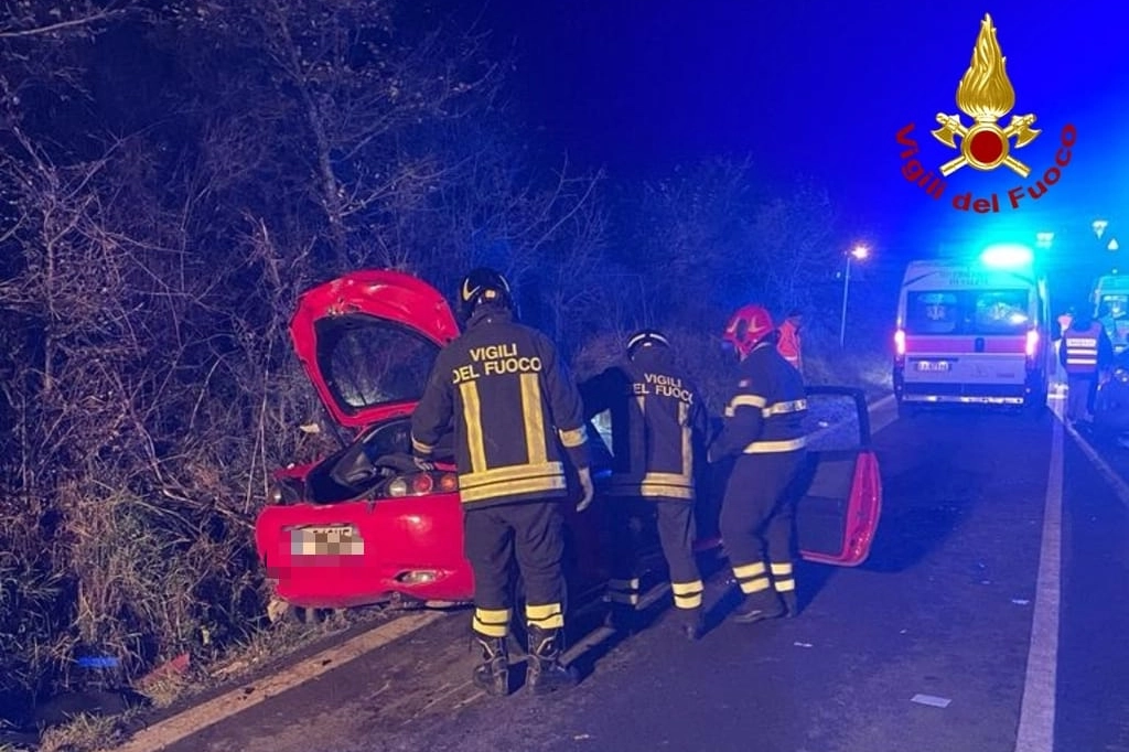 L'auto coinvolta e i soccorritori in azione (Foto dei vigili del fuoco)