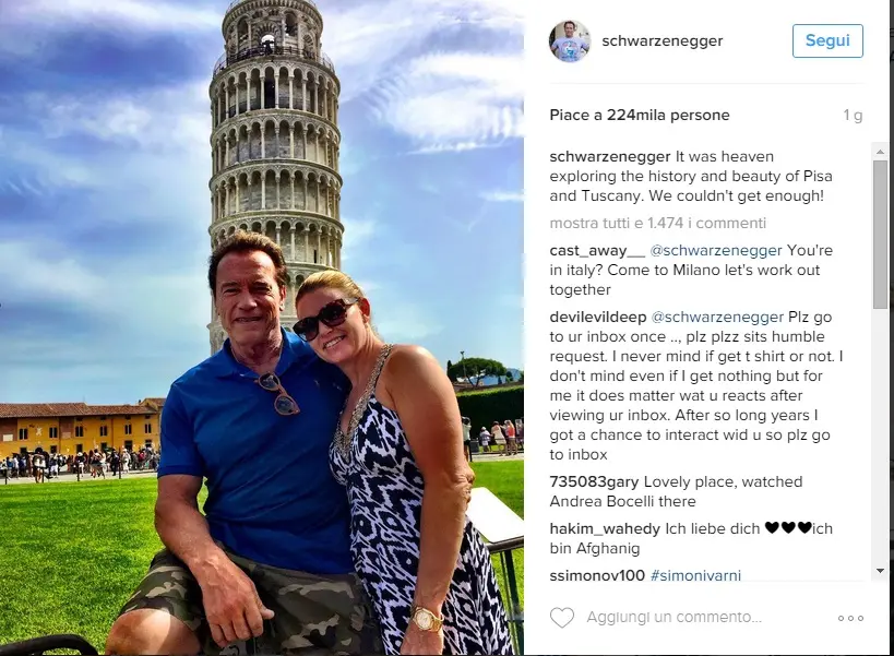 Concluso il soggiorno toscano di Schwarzenegger, su Instagram la foto con la Torre