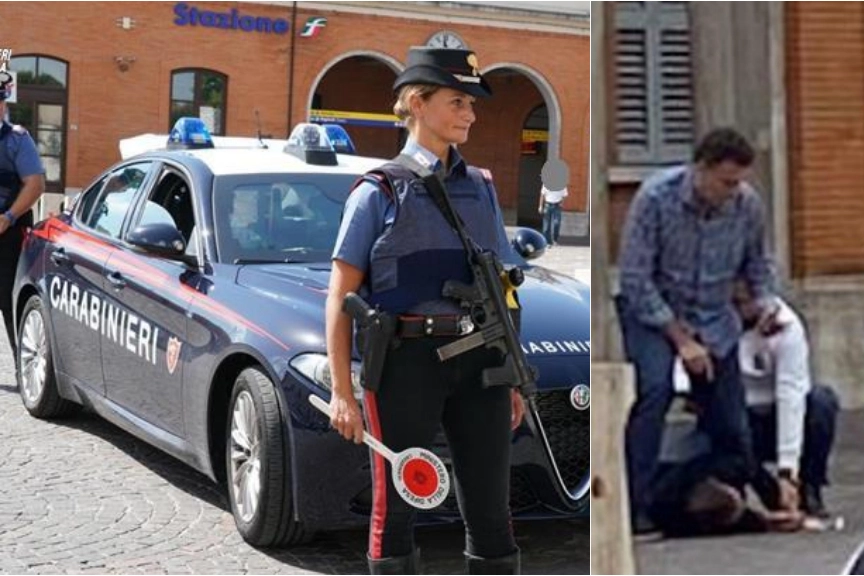 Il momento in cui l'uomo viene catturato e un'immagine dei carabinieri