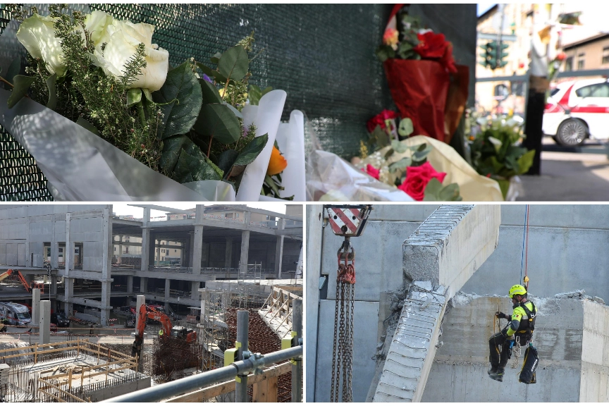 In alto i fiori per le vittime. A sinistra in basso l'area del cantiere, a fianco la trave spezzata