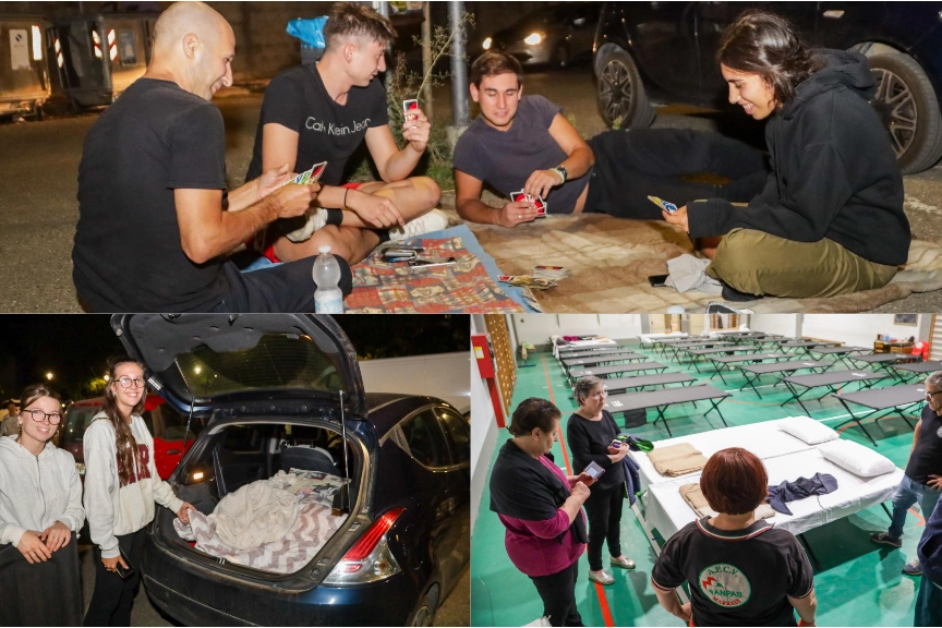 Tre momenti della notte fuori casa in Mugello: c'è chi gioca a carte, chi si riposa in palestra (Davide Franco / Fotocronache Germogli)