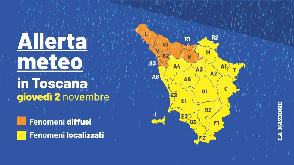 Allerta meteo in Toscana, la mappa del rischio