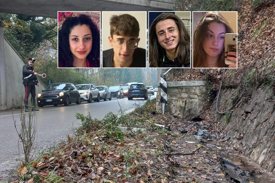 Il luogo dell'incidente e i quattro giovani morti nello scontro