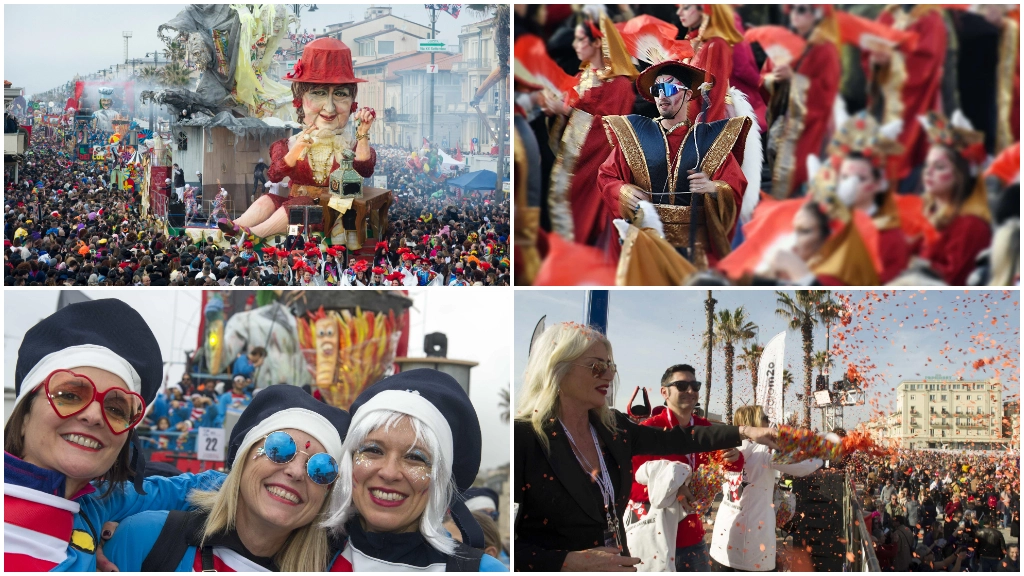 Quattro momenti della sfilata del Carnevale di Viareggio del 18 febbraio (Umicini)