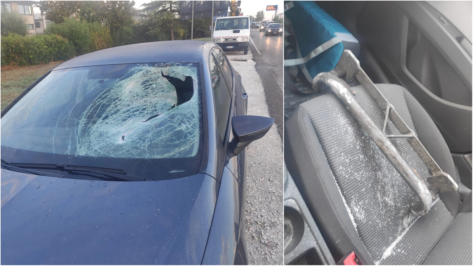 Il parabrezza dell'auto sfondata da un pezzo di metallo (Foto da gruppo Facebook 'I Dannati della FIPILI')
