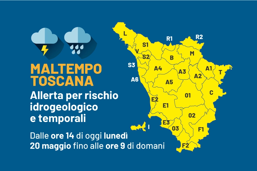 Il grafico che mostra l'allerta gialla: è per tutta la Toscana e scatta dalle 14 di lunedì 20 maggio