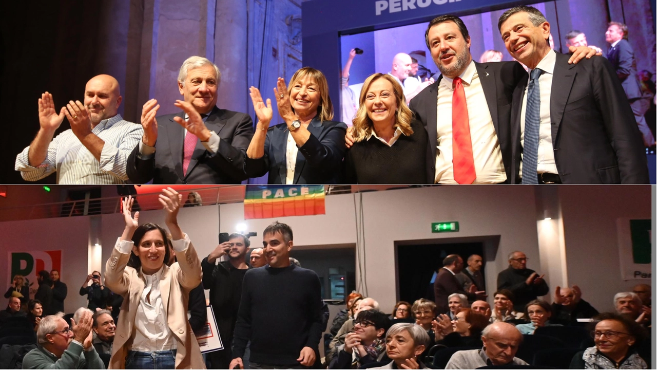 In alto: il centrodestra con Bandecchi, Tajani, Tesei, Meloni, Salvini e Lupi. Sotto, la leader del Pd Elly Schlein