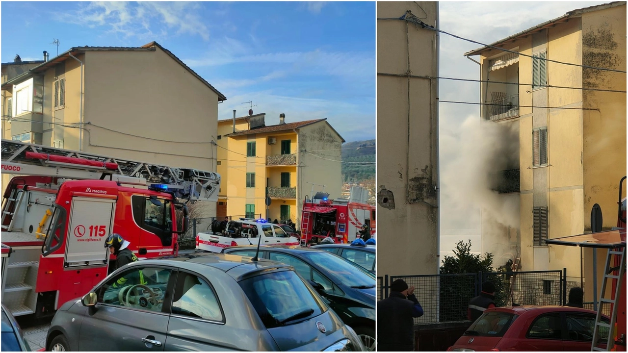 Da sinistra, i vigili del fuoco sul luogo dell'incendio e l'appartamento interessato dal rogo