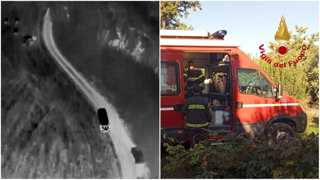 A sinistra le immagini della termocamera usata dai vigili del fuoco e a destra la postazione di ricerca (foto Vigili del Fuoco)