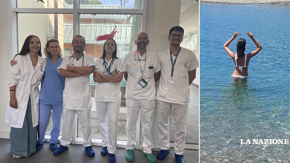 Chiara mentre si gode il bagno in mare e l'equipe medica che l'ha seguita al Meyer