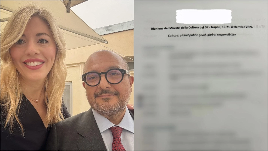 Maria Rosaria Boccia e il ministro Sangiuliano. A destra, la foto dei documenti con intestazione G7 postata da Boccia su Instagram