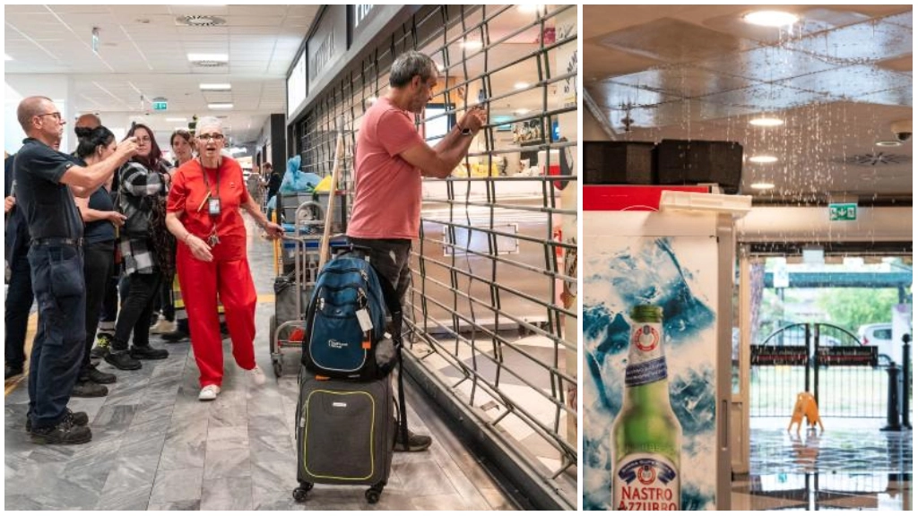 Due momenti degli allagamenti all'aeroporto di Pisa: la gente fotografa il bar chiuso e allagato