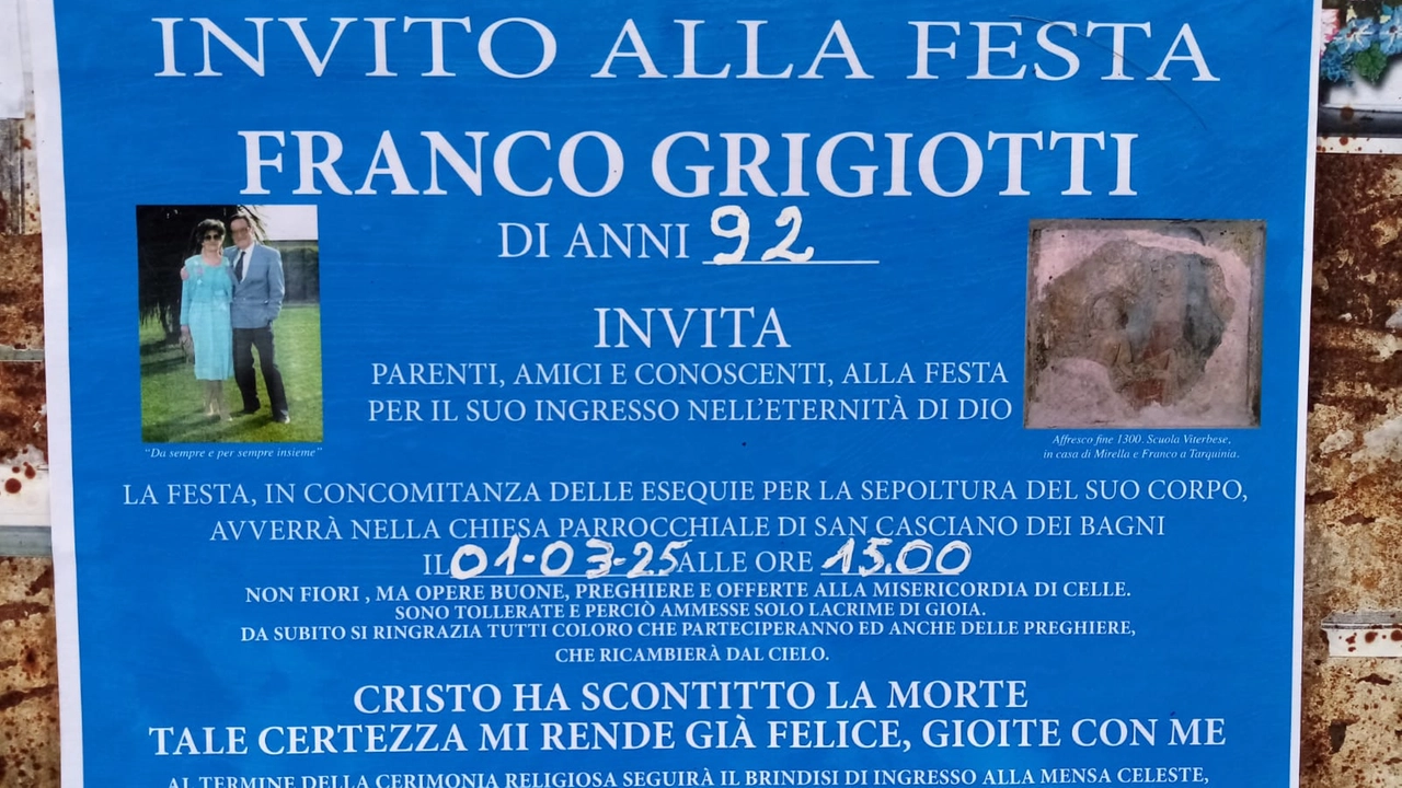 Il manifesto mortuario predisposto da Franco Grigiotti