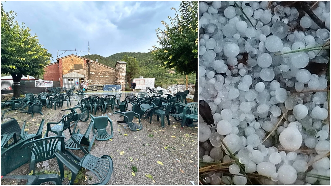 A sinistra le sedie spazzate via a Coppe di Stroncone, a destra la grandine (foto da Fb)