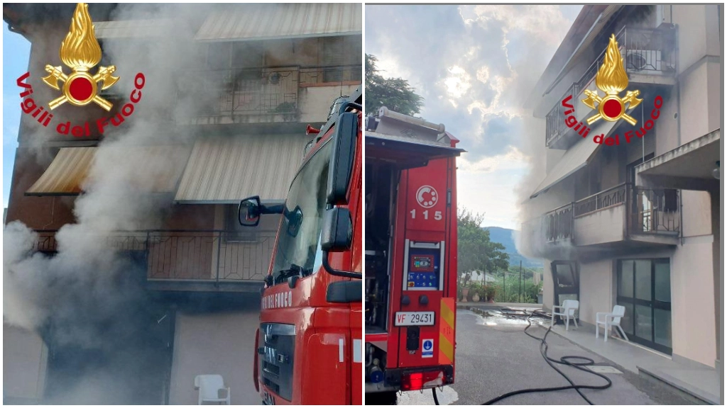 Due momenti dell'incendio che ha interessato la palazzina di Matassino. Sono intervenuti vigili del fuoco da più caserme