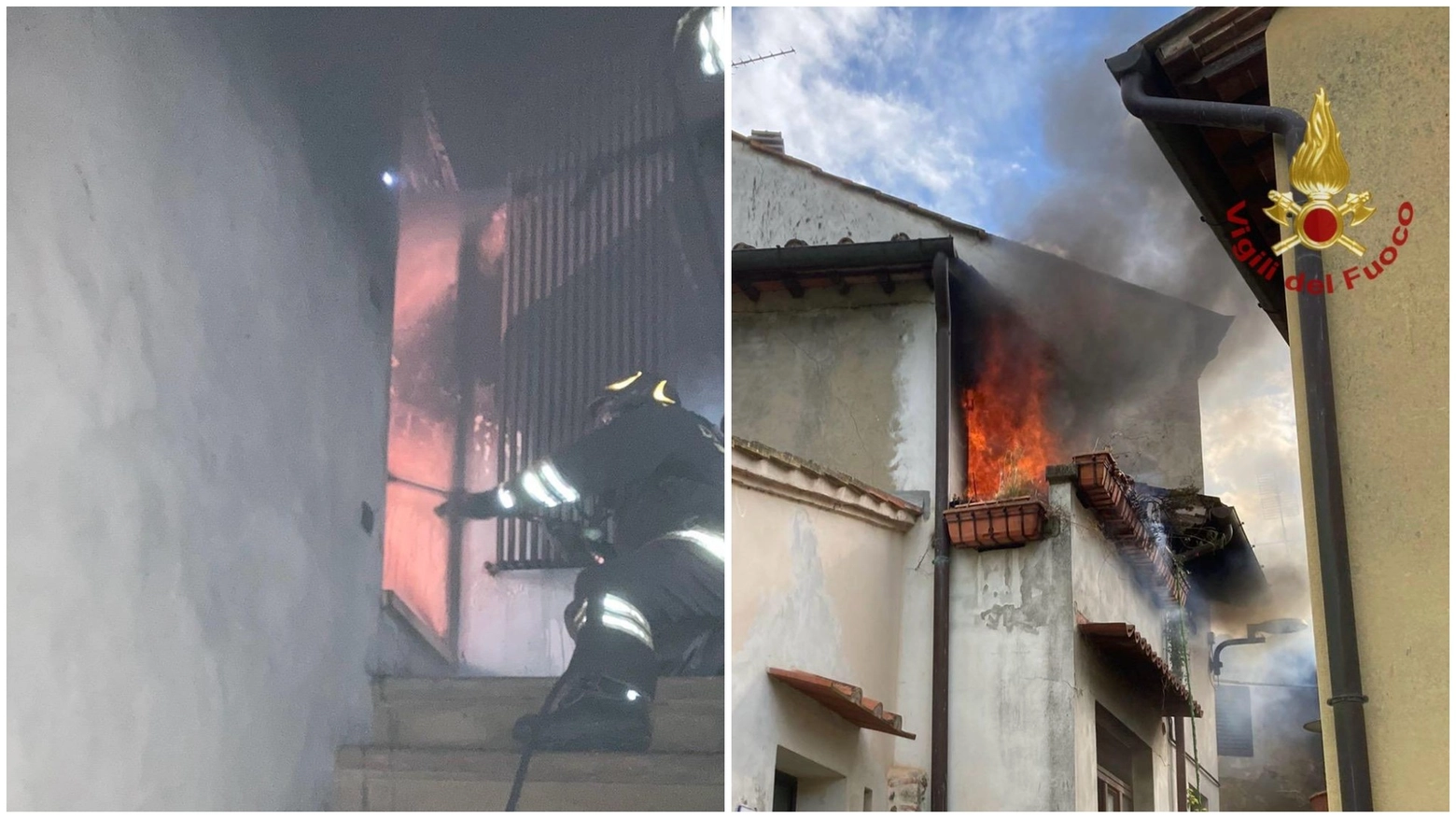 L'intervento dei vigili del fuoco e la casa in fiamme (foto Vigili del Fuoco)