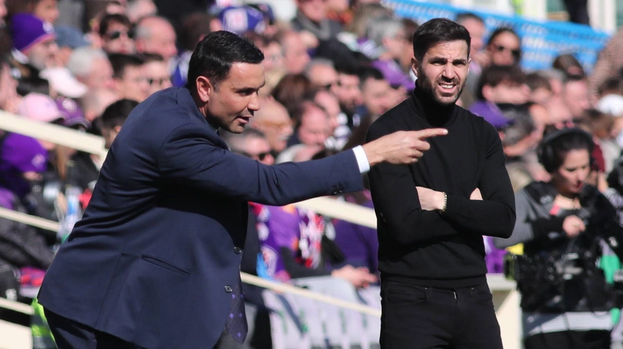 Il tecnico della Fiorentina Palladino nella sfida contro il Como. Sullo sfondo l'allenatore dei lariani Fabregas (Fotocronache Germogli)