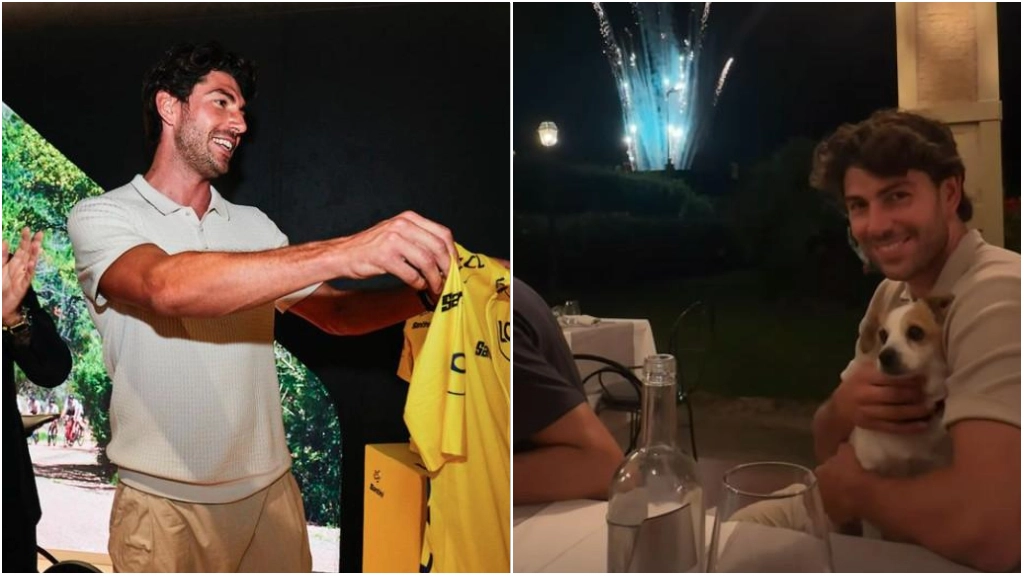 Ignazio Moser con la maglia gialla, celebrando il Tour partito da Firenze. Nell'altra foto durante i fuochi d'artificio di venerdì sera