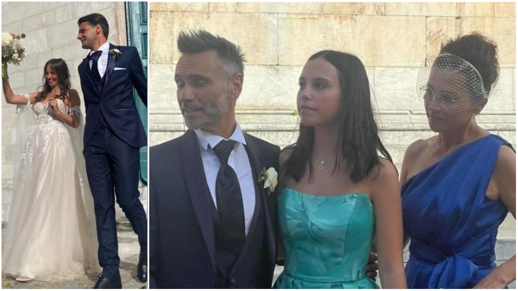 Da sinistra gli sposi, Martina e Niccolò. Nell'altra foto Nek con la figlia Beatrice e la moglie Patrizia Vacondio. La cerimonia si è svolta a Pietrasanta