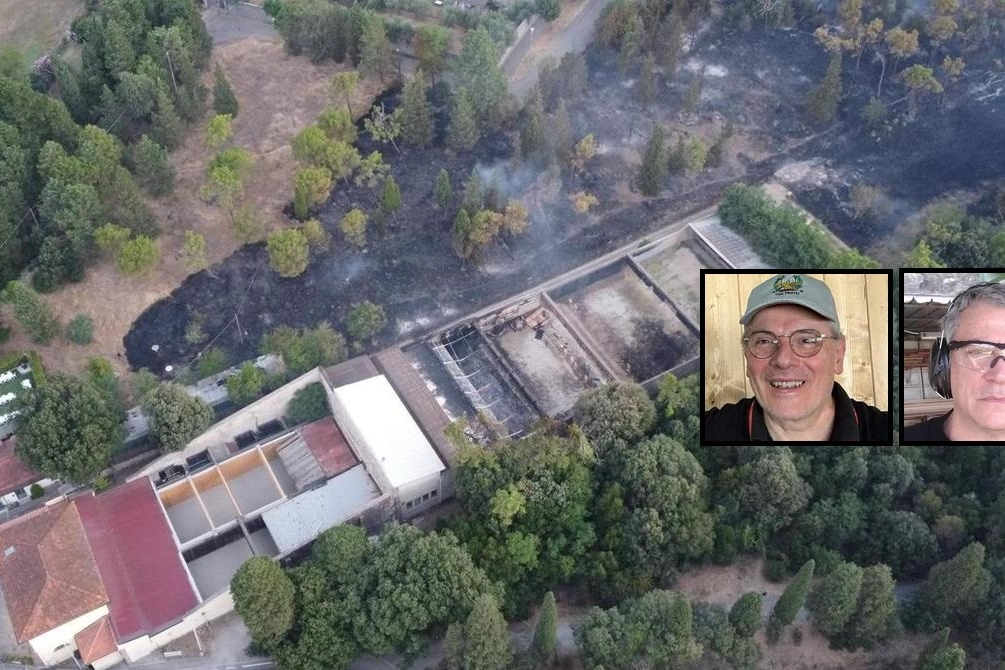 Il poligono di tiro visto dall’alto, con le tracce del terribile incendio anche sul bosco attorno (foto Branchetti). Nei riquadri Gabriele Paoli e Alessio Lascialfari