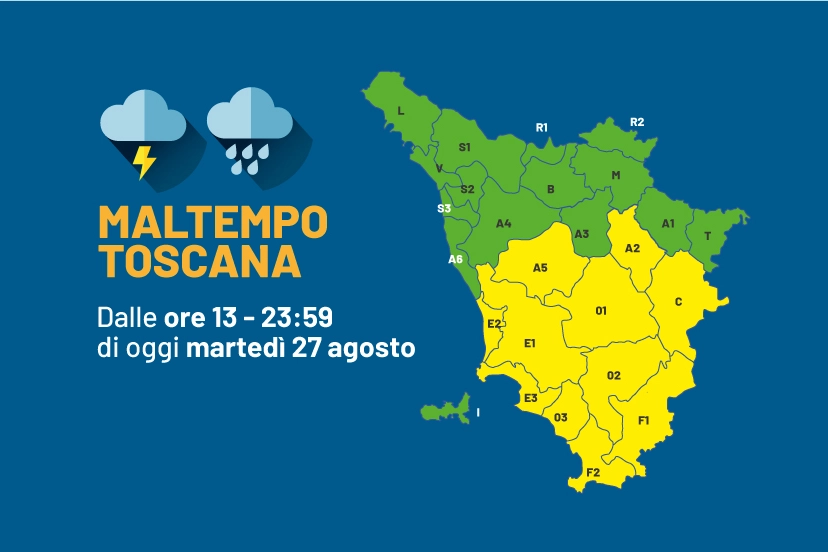 La mappa dell'allerta gialla in Toscana. Scatta dalle 13 alle 23.59 di martedì 27 agosto