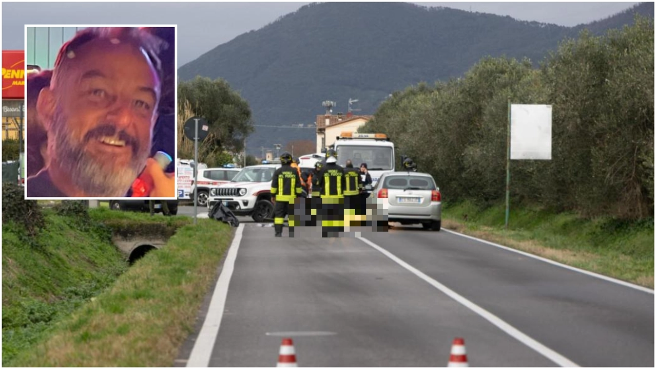 La scena dell'incidente mortale (Foto Valtriani / Del Punta). Nel riquadro la vittima, vigile del fuoco in servizio a Pistoia