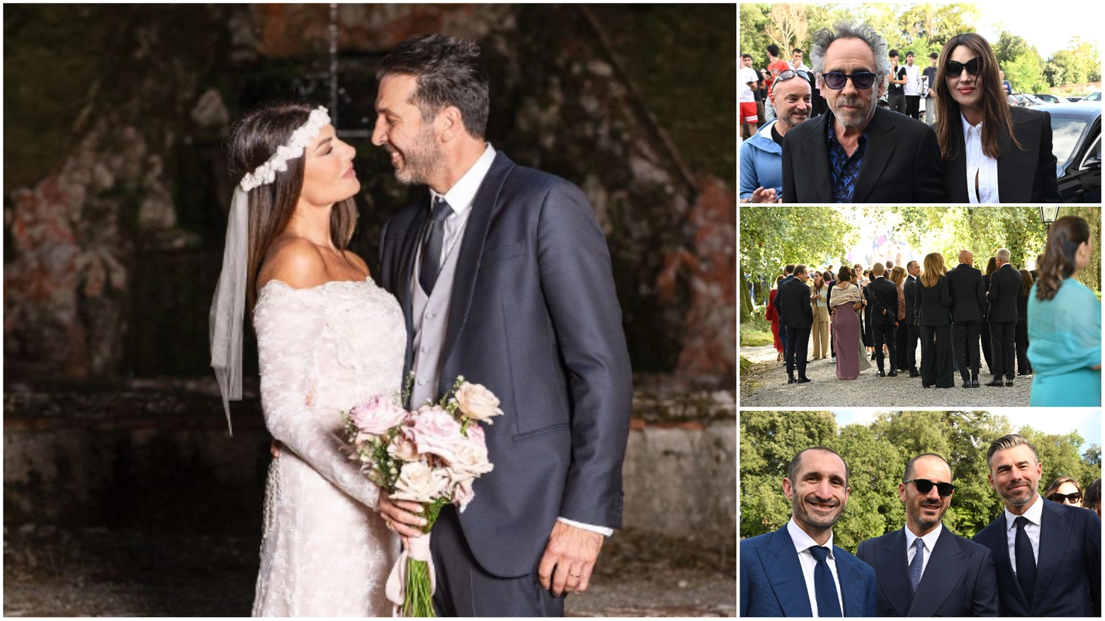 Il matrimonio Buffon-D'Amico. A destra gli invitati: Tim Burton e Monica Bellucci. Sotto: Chiellini, Bonucci e Barzagli