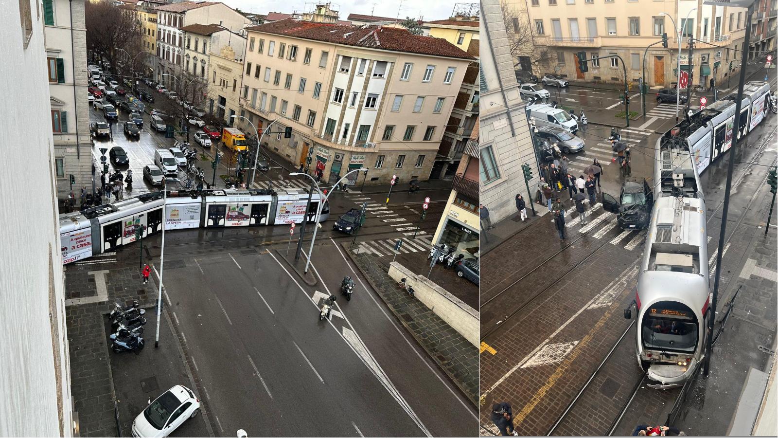 Tramvia contro auto, incidente a Firenze, danni al mezzo e al convoglio