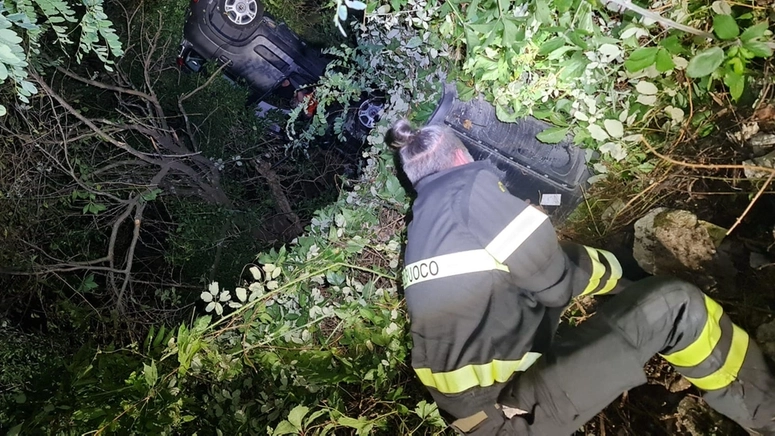 I vigili del fuoco si sono calati nella scarpata per recuperare la coppia all'interno dell'automobile