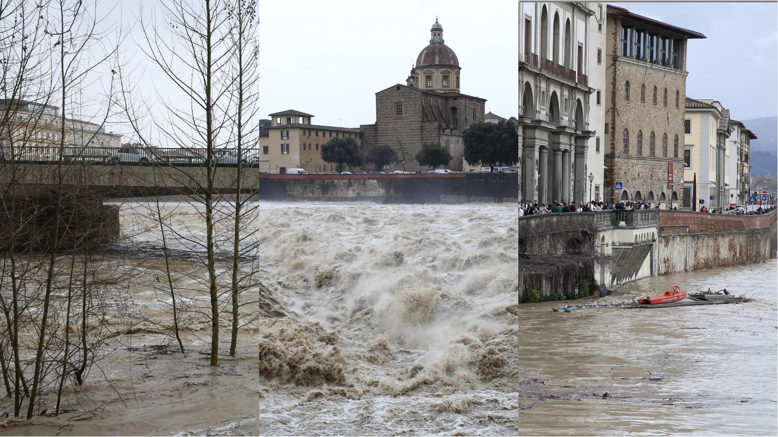 La piena dell'Arno a Firenze (Foto Marco Mori/New Press Photo)