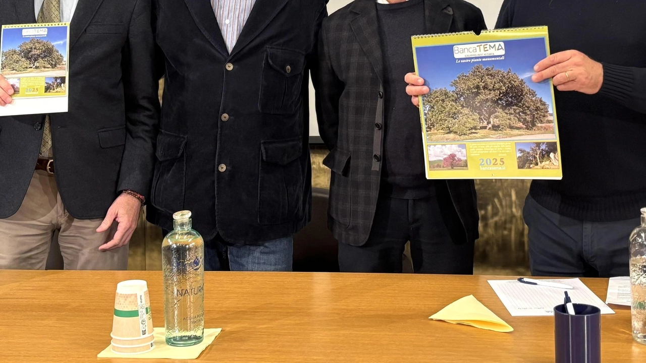 Un momento della presentazione del calendario 2025 di Banca Tema realizzato con le fotografie degli alberi monumentali scattate da Cesare Moroni