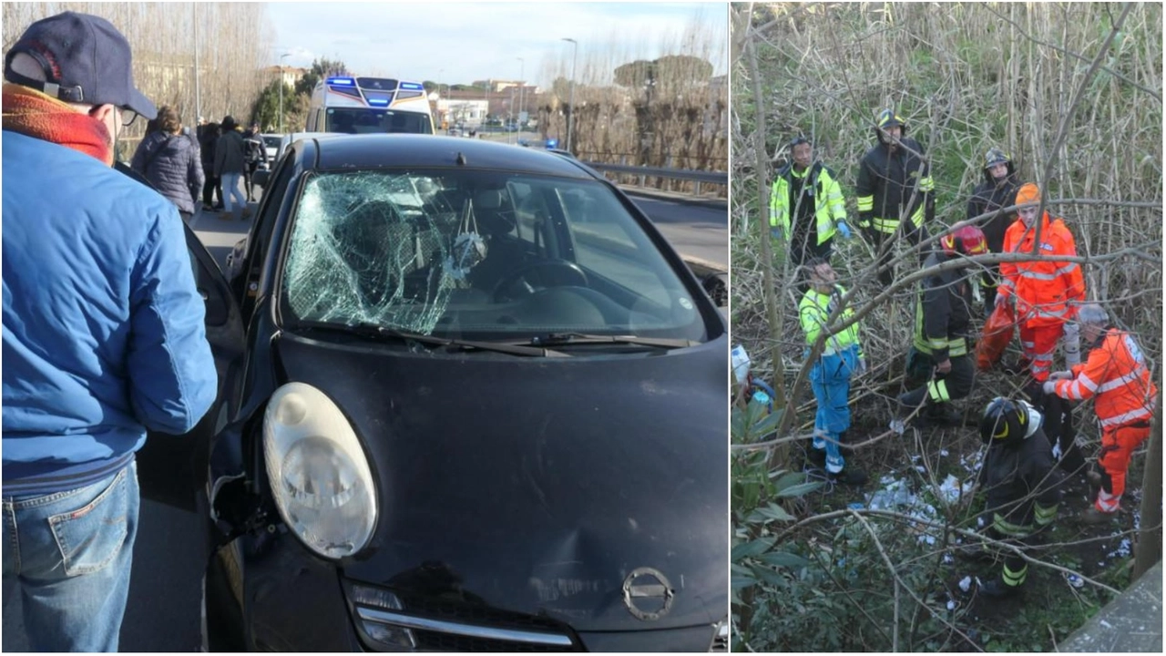 L'auto coinvolta nell'incidente di Viareggio e il punto in cui il giovane è precipitato (foto Aldo Umicini)