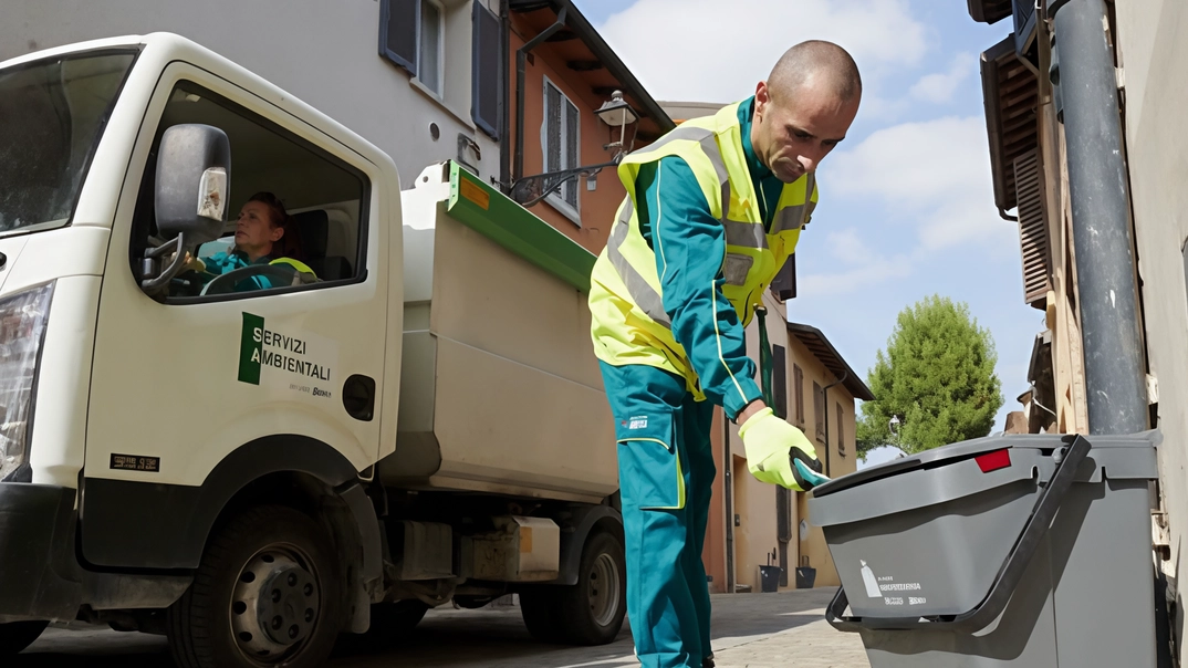 Un operatore impegnato nella raccolta porta a porta dei rifiuti. Dal 1° aprile scatterà la tariffazione puntuale che riguarderà l’indifferenziato