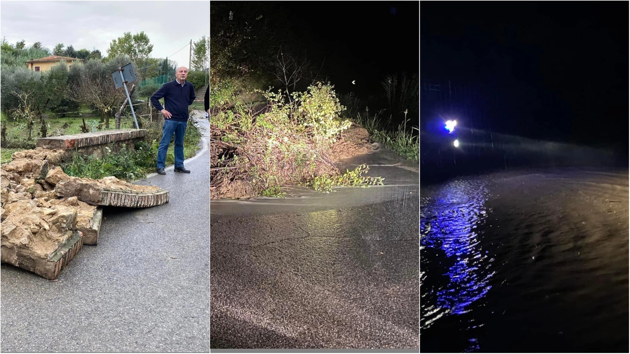 Tre momenti dell'alluvione che ha colpito Terricciola: un ponte danneggiato, la frana e gli allagamenti