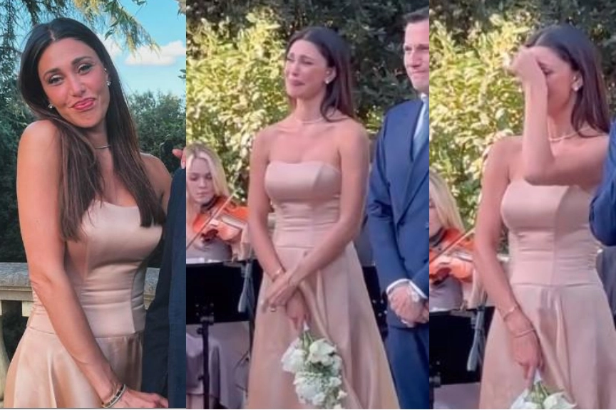 Tre immagini dell'abito di Belen Rodriguez al matrimonio della sorella Cecilia