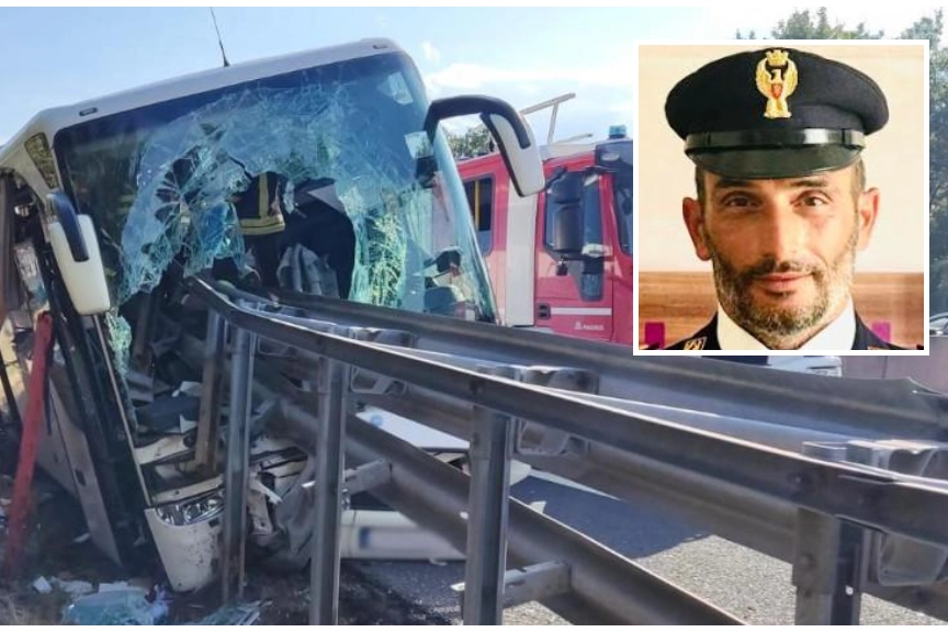 Nel riquadro, il poliziotto che è intervenuto sull'A1 domenica 4 agosto, nei momenti successivi all'incidente