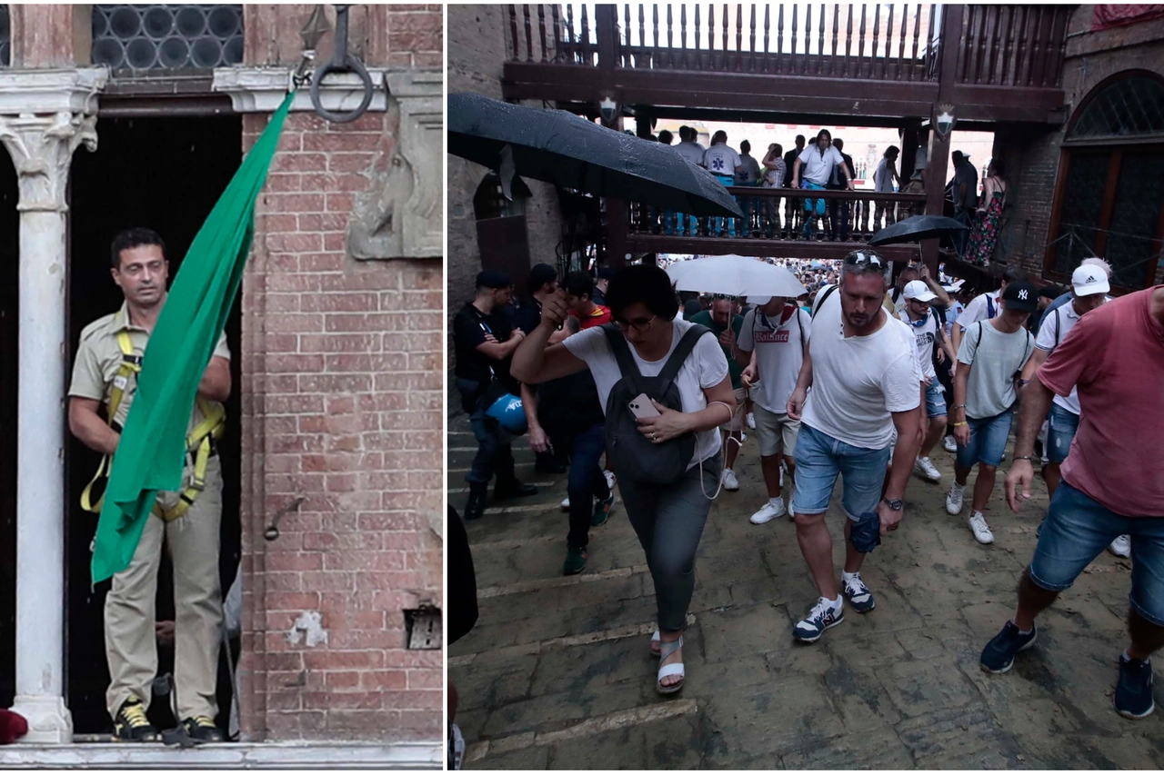 La bandiera verde esposta dal Palazzo Pubblico e la fuga da piazza del Campo (Foto Lazzeroni)