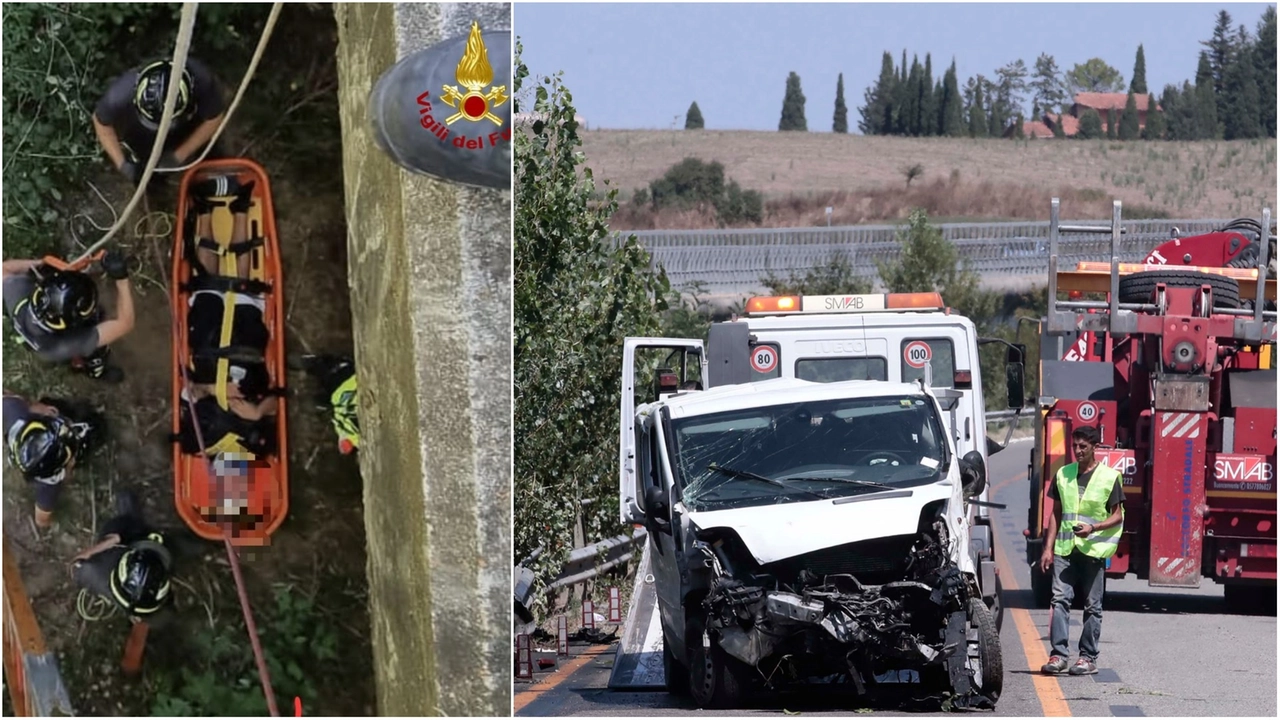 A destra il van incidentato (foto Paolo Lazzeroni); a sinistra i soccorsi (foto vigili del fuoco)